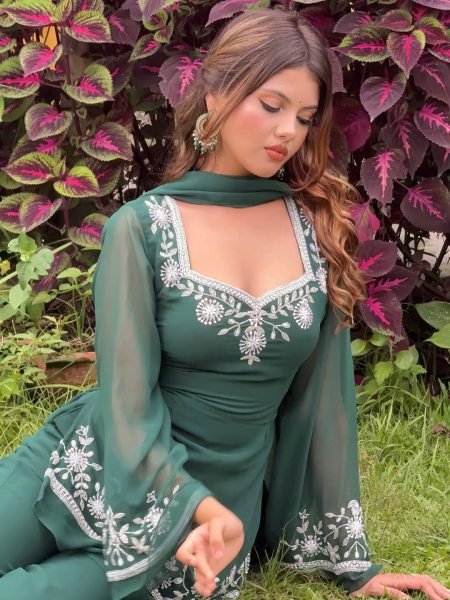 Modish Aqua Green Georgette Short Kurti Palazzo Set with Embroidery Work To Affordable Kurti Set Georgette Kurti 
