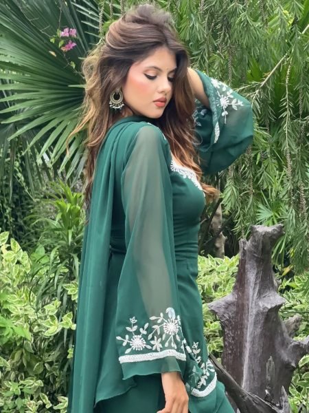 Modish Aqua Green Georgette Short Kurti Palazzo Set with Embroidery Work To Affordable Kurti Set Georgette Kurti 