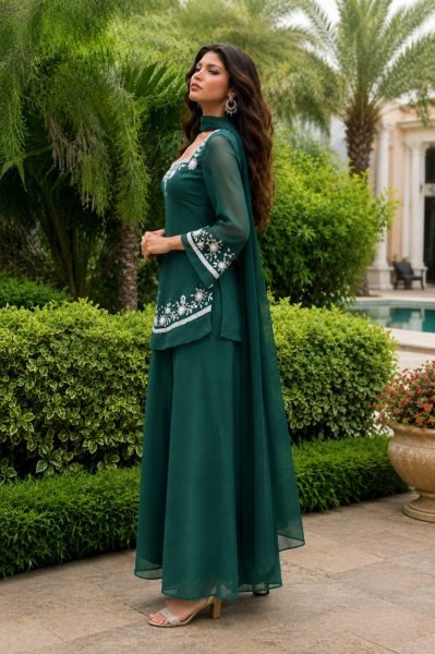 Modish Aqua Green Georgette Short Kurti Palazzo Set with Embroidery Work To Affordable Kurti Set Georgette Kurti 