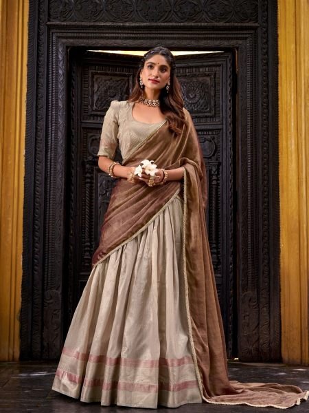 Modish Beige Designer Dupion Silk Lehenga Blouse Set With Designer Brown Dupatta  Lehenga