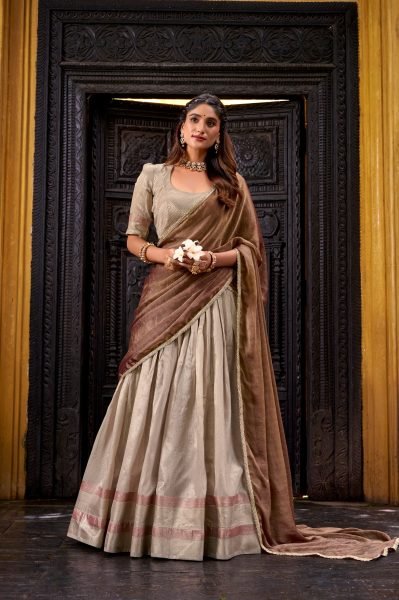 Modish Beige Designer Dupion Silk Lehenga Blouse Set With Designer Brown Dupatta Designer Lehenga Choli