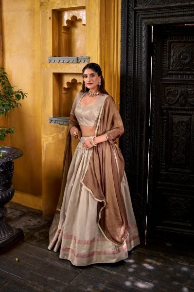 Modish Beige Designer Dupion Silk Lehenga Blouse Set With Designer Brown Dupatta Designer Lehenga Choli