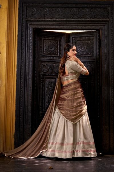 Modish Beige Designer Dupion Silk Lehenga Blouse Set With Designer Brown Dupatta Designer Lehenga Choli
