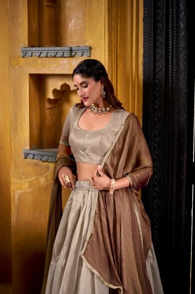 Modish Beige Designer Dupion Silk Lehenga Blouse Set With Designer Brown Dupatta Designer Lehenga Choli