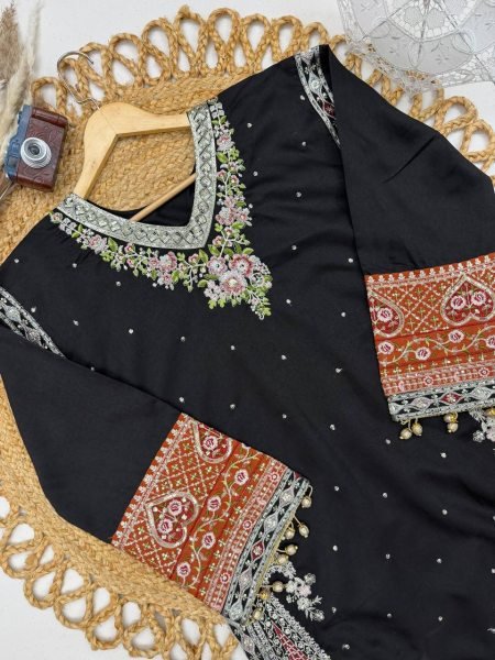 Modish Black Designer Pakistani Kurti Set with Sequin Embroidery and Pant at Manufacturer Rate Ready To Wear Collection