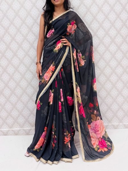 Modish Black Premium Floral Printed Saree with Elegant Border Design Sarees 