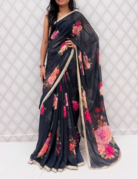Modish Black Premium Floral Printed Saree with Elegant Border Design Printed Cotton Sarees Wholesale