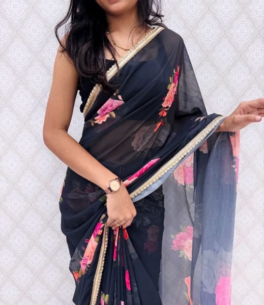Modish Black Premium Floral Printed Saree with Elegant Border Design Printed Cotton Sarees Wholesale