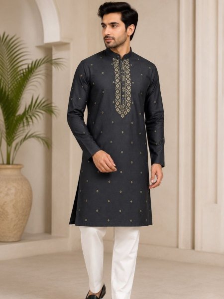 Modish Black Rayon Slub Men s Kurta Pajama Set with Designer Gala Work