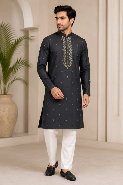 Modish Black Rayon Slub Men s Kurta Pajama Set with Designer Gala Work Kurta Pajama Wholesale