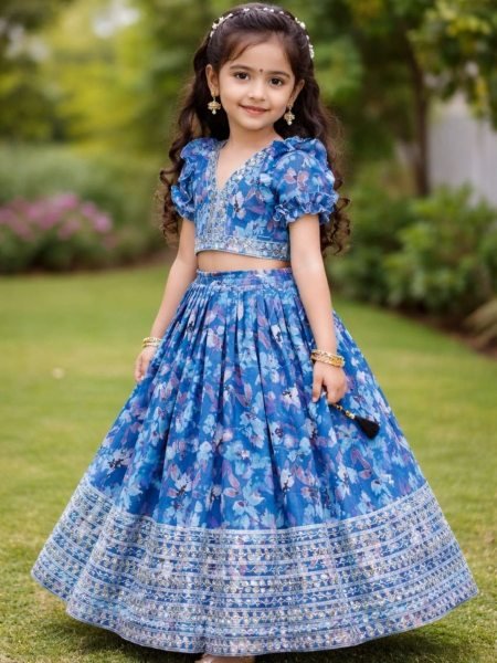 Modish Blue Kids Faux Georgette Lehenga Choli with Butterfly Net Dupatta 