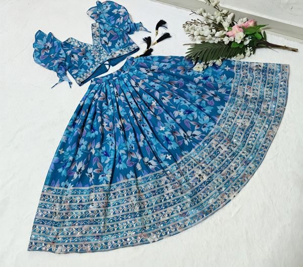 Modish Blue Kids Faux Georgette Lehenga Choli with Butterfly Net Dupatta Girls Wear
