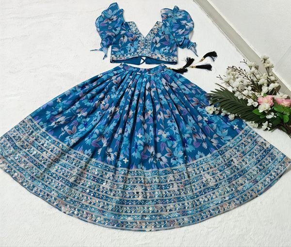 Modish Blue Kids Faux Georgette Lehenga Choli with Butterfly Net Dupatta Girls Wear