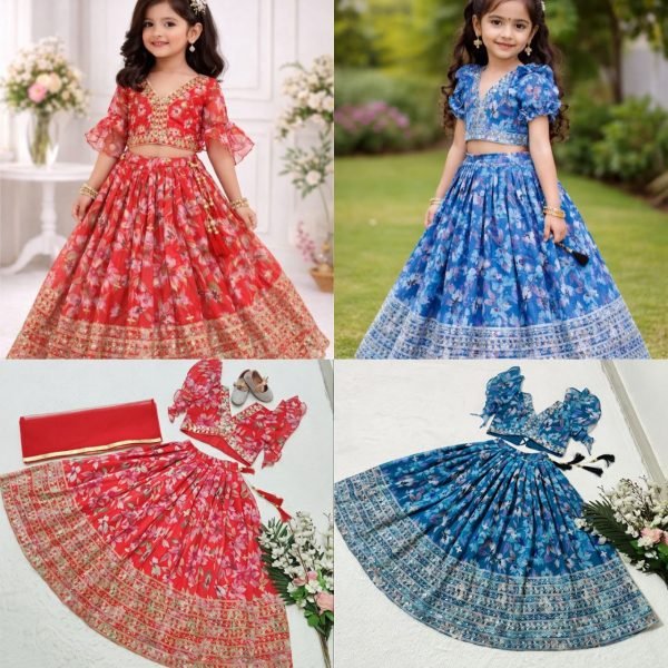 Modish Blue Kids Faux Georgette Lehenga Choli with Butterfly Net Dupatta Girls Wear