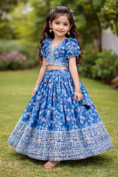Modish Blue Kids Faux Georgette Lehenga Choli with Butterfly Net Dupatta Girls Wear