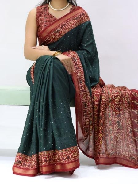Delightful Bottle Green Mull Cotton Patola Print Saree with Sirovski Diamond And Zari Border  Sarees 