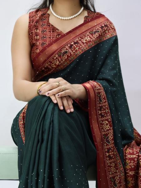 Delightful Bottle Green Mull Cotton Patola Print Saree with Sirovski Diamond And Zari Border  Cotton Sarees Wholesale