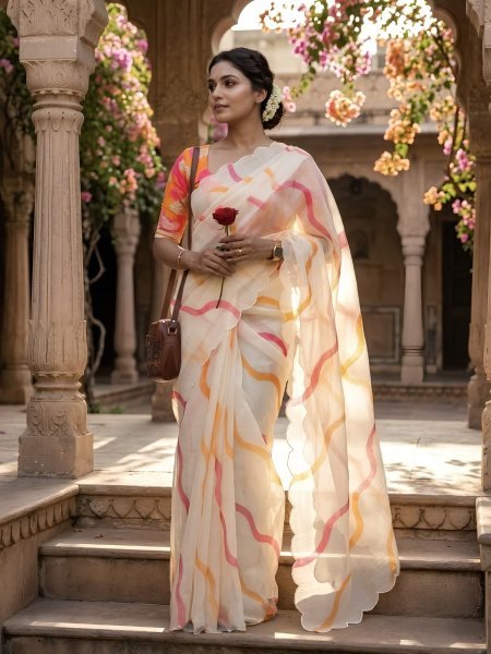 Modish Cream Designer Linen Lehariya Saree with Digital Print Blouse For Festival Printed Cotton Sarees Wholesale