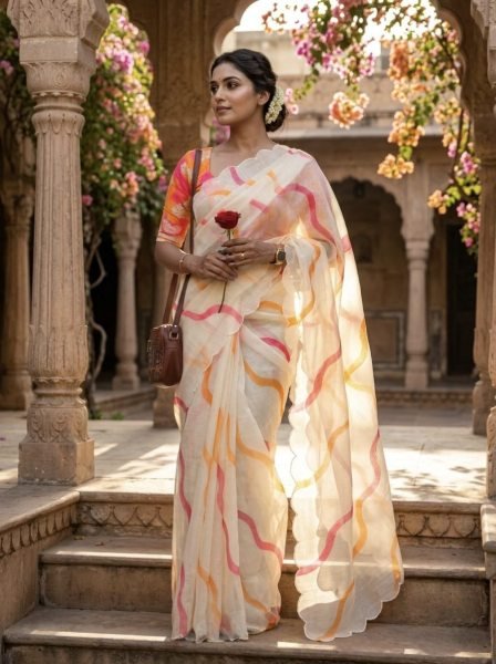 Modish Cream Designer Linen Lehariya Saree with Digital Print Blouse For Festival Printed Cotton Sarees Wholesale