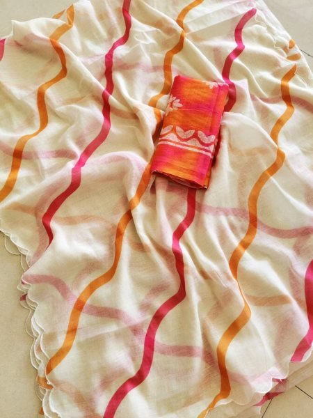 Modish Cream Designer Linen Lehariya Saree with Digital Print Blouse For Festival Printed Cotton Sarees Wholesale