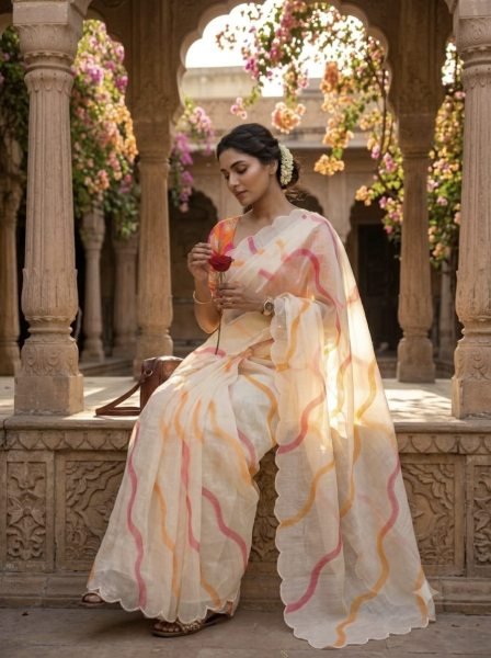 Modish Cream Designer Linen Lehariya Saree with Digital Print Blouse For Festival Printed Cotton Sarees Wholesale