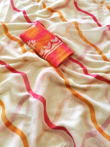 Modish Cream Designer Linen Lehariya Saree with Digital Print Blouse For Festival Printed Cotton Sarees Wholesale