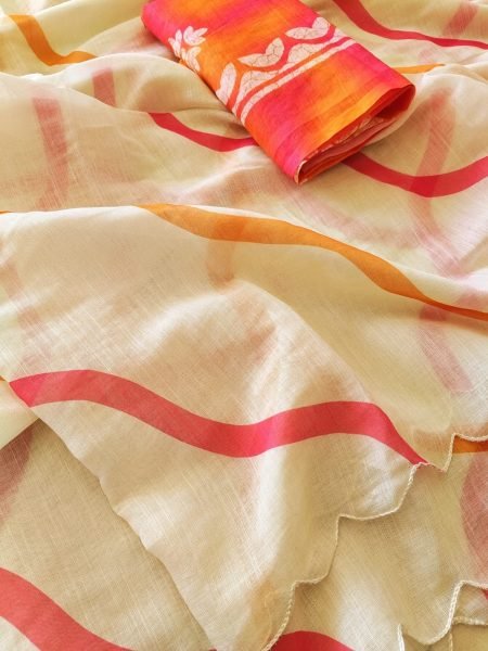 Modish Cream Designer Linen Lehariya Saree with Digital Print Blouse For Festival Printed Cotton Sarees Wholesale