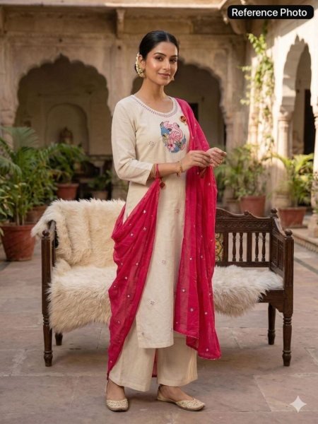Modish Cream Khadi Cotton Kurti Pant Dupatta Set with Embroidery For Special occasions  Kurtis