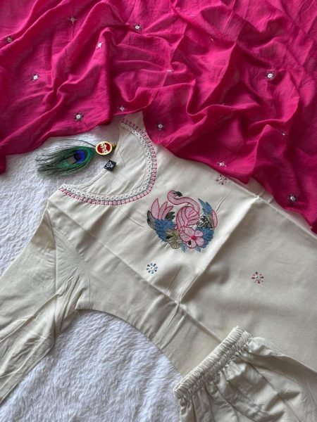 Modish Cream Khadi Cotton Kurti Pant Dupatta Set with Embroidery For Special occasions  Cotton Kurtis Wholesale