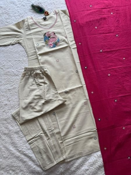Modish Cream Khadi Cotton Kurti Pant Dupatta Set with Embroidery For Special occasions  Cotton Kurtis Wholesale