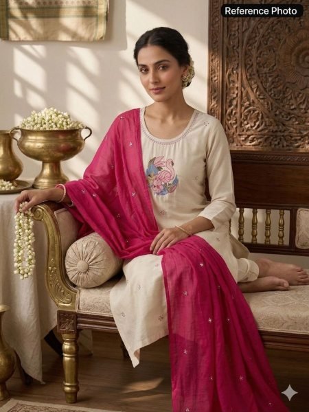 Modish Cream Khadi Cotton Kurti Pant Dupatta Set with Embroidery For Special occasions  Cotton Kurtis Wholesale