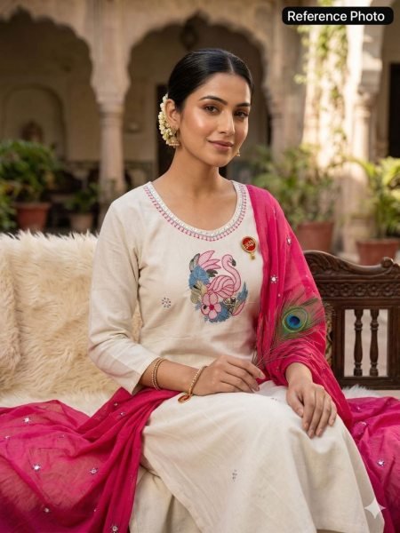 Modish Cream Khadi Cotton Kurti Pant Dupatta Set with Embroidery For Special occasions  Cotton Kurtis Wholesale