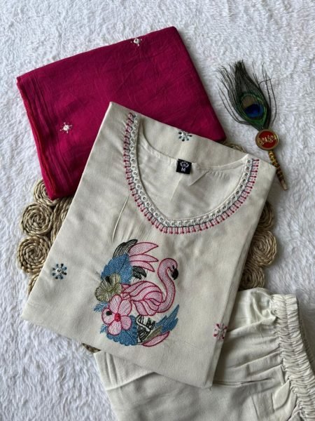 Modish Cream Khadi Cotton Kurti Pant Dupatta Set with Embroidery For Special occasions  Cotton Kurtis Wholesale