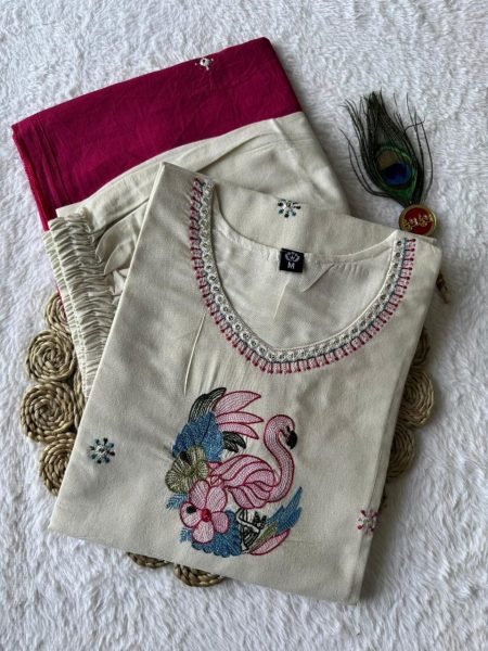 Modish Cream Khadi Cotton Kurti Pant Dupatta Set with Embroidery For Special occasions  Cotton Kurtis Wholesale