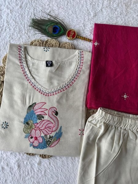 Modish Cream Khadi Cotton Kurti Pant Dupatta Set with Embroidery For Special occasions  Cotton Kurtis Wholesale
