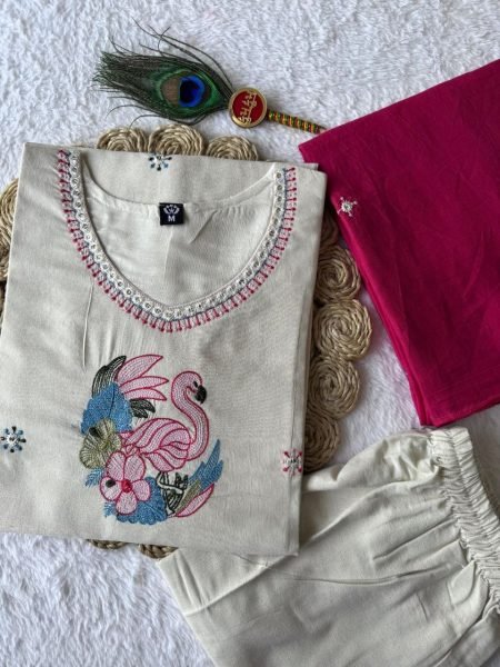 Modish Cream Khadi Cotton Kurti Pant Dupatta Set with Embroidery For Special occasions  Cotton Kurtis Wholesale