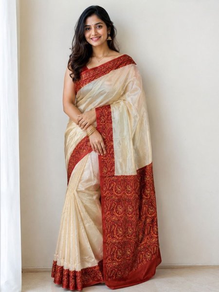 Modish Cream Soft Chinon Print Saree with Designer Pallu and Maroon Blouse Sarees 