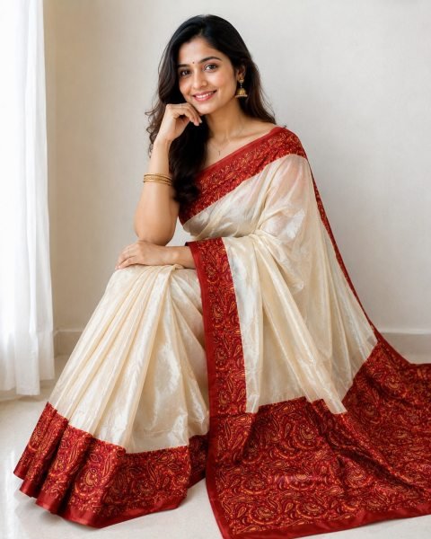 Modish Cream Soft Chinon Print Saree with Designer Pallu and Maroon Blouse Printed Cotton Sarees Wholesale