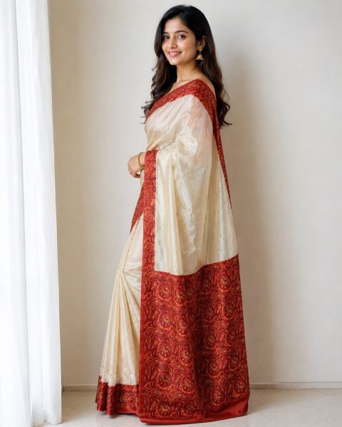 Modish Cream Soft Chinon Print Saree with Designer Pallu and Maroon Blouse Printed Cotton Sarees Wholesale
