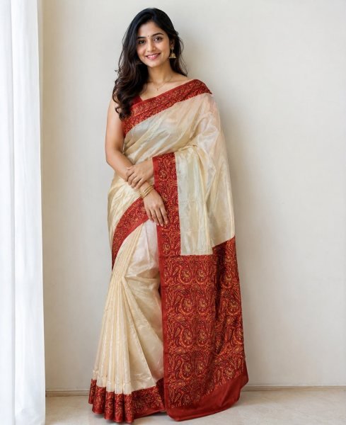 Modish Cream Soft Chinon Print Saree with Designer Pallu and Maroon Blouse Printed Cotton Sarees Wholesale