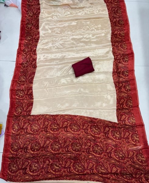 Modish Cream Soft Chinon Print Saree with Designer Pallu and Maroon Blouse Printed Cotton Sarees Wholesale