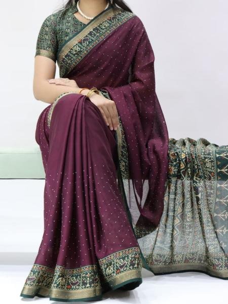 Modish Dark Purple Mull Cotton Patola Print Saree with Sirovski Diamond And Zari Border  Sarees 