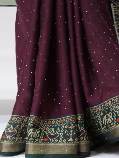 Modish Dark Purple Mull Cotton Patola Print Saree with Sirovski Diamond And Zari Border  Cotton Sarees Wholesale