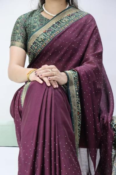 Modish Dark Purple Mull Cotton Patola Print Saree with Sirovski Diamond And Zari Border  Cotton Sarees Wholesale