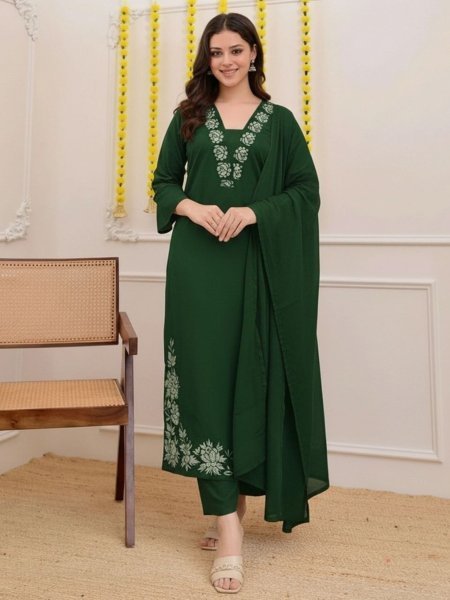 Modish Green Cotton Slub 3 Piece Suit Set with Embroidered Kurti and Lightweight Nazmin Dupatta for Festive Wear Kurtis