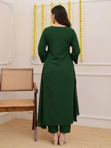 Modish Green Cotton Slub 3 Piece Suit Set with Embroidered Kurti and Lightweight Nazmin Dupatta for Festive Wear Embroidery Kurtis 