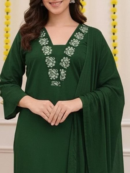 Modish Green Cotton Slub 3 Piece Suit Set with Embroidered Kurti and Lightweight Nazmin Dupatta for Festive Wear Embroidery Kurtis 