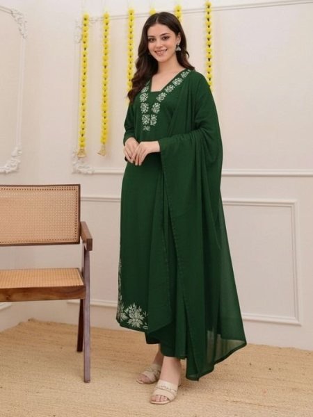 Modish Green Cotton Slub 3 Piece Suit Set with Embroidered Kurti and Lightweight Nazmin Dupatta for Festive Wear Embroidery Kurtis 
