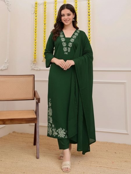 Modish Green Cotton Slub 3 Piece Suit Set with Embroidered Kurti and Lightweight Nazmin Dupatta for Festive Wear Embroidery Kurtis 