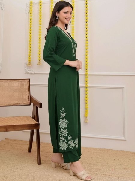 Modish Green Cotton Slub 3 Piece Suit Set with Embroidered Kurti and Lightweight Nazmin Dupatta for Festive Wear Embroidery Kurtis 
